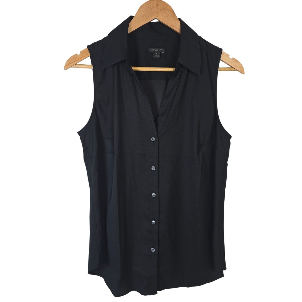 Ann Taylor Petite Womens MP Black‎ Sleeveless Button Down Blouse Top Workwear